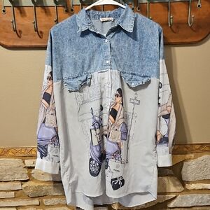 HATUNatila Chanel Lady Pearl Snap Denim Looking Blouse Size Large